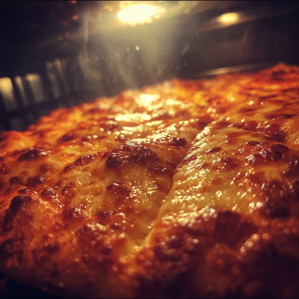 New York Pizza im Ofen, Käse schmilzt und Rand wird goldbraun.