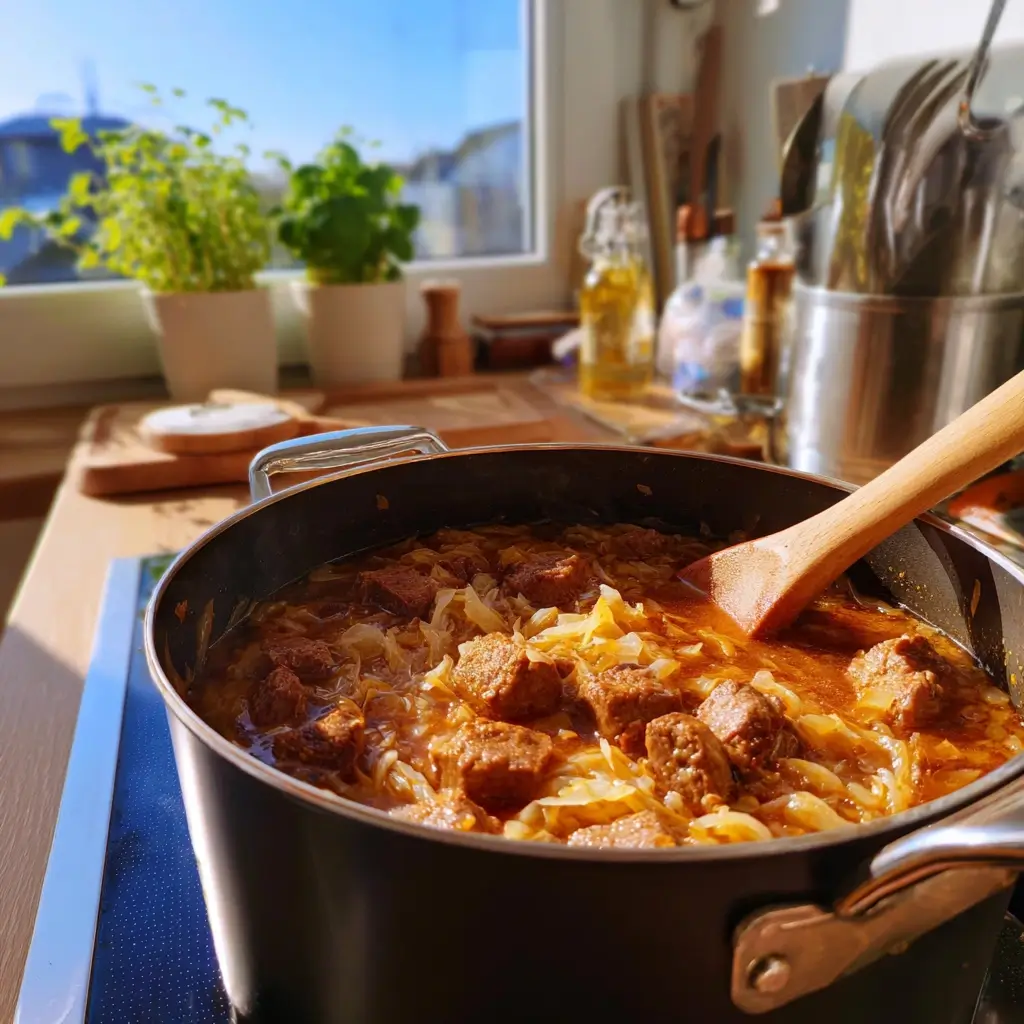 Sauerkraut wird in ein Szegediner Gulasch Rezept eingerührt, um den typischen Geschmack zu erzielen.