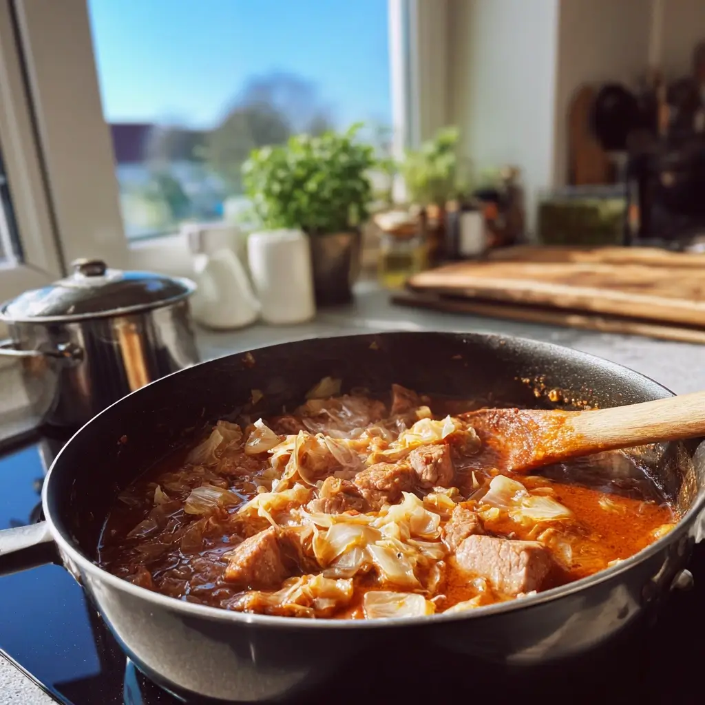 Szegediner Gulasch Rezept beim Kochen: Schweinefleisch, Zwiebeln, Paprika und Sauerkraut schmoren zusammen im Topf.