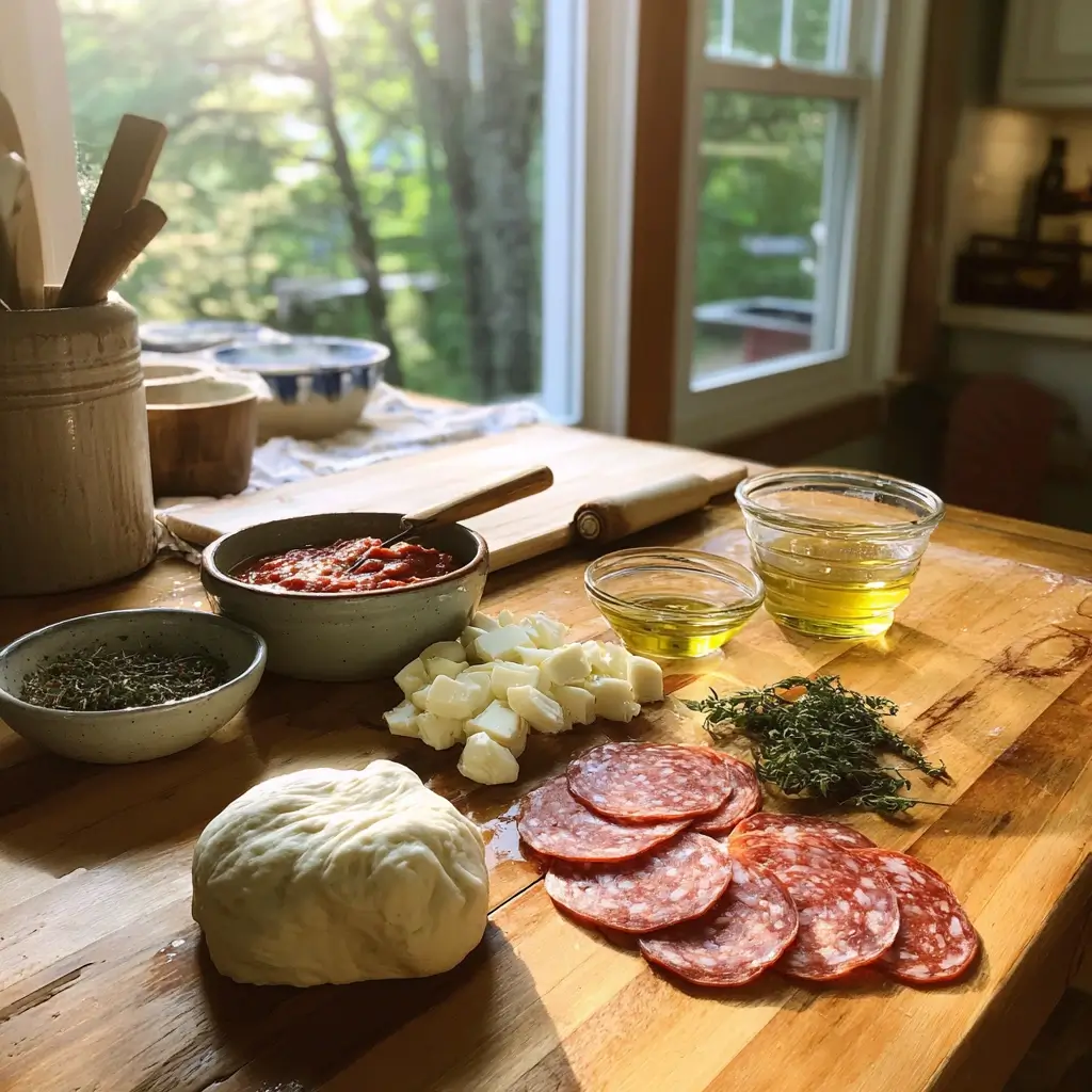 Zutaten für pizza salami – Teig, Salami, Mozzarella, Tomatensauce, Olivenöl und Kräuter auf Holztisch.