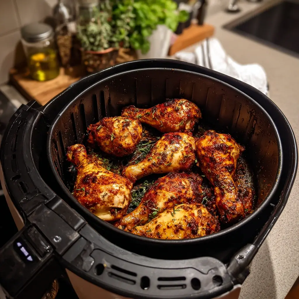 Gewürzte Hähnchenschenkel im Airfryer-Korb beim Garen – rezepte airfryer