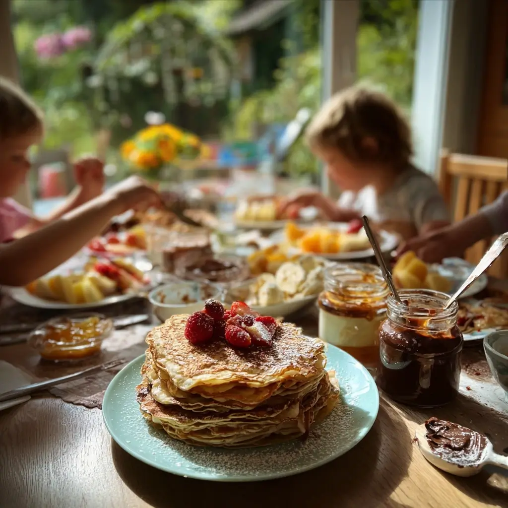 Pfannkuchen Rezept Oma – Familientisch mit Pfannkuchenstapel, Marmelade, Honig und lachenden Kindern.