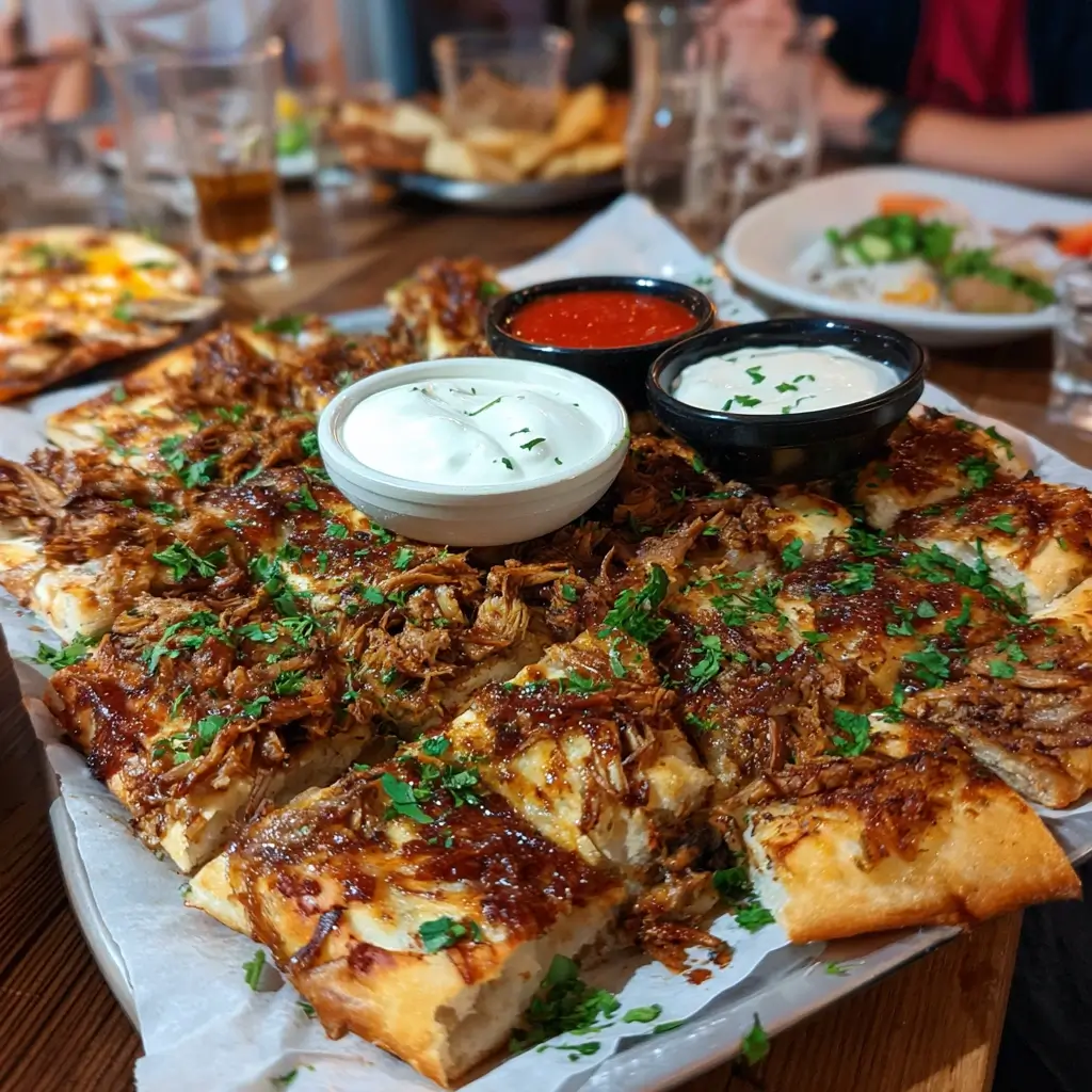 Döner pizza in Snack-Stücken serviert auf einem großen Teller mit Dips