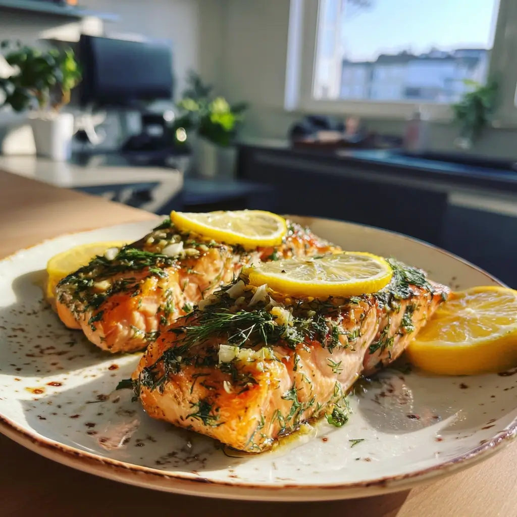 Rezepte für Airfryer Lachsfilet mit Zitrone und frischen Kräutern auf weißem Teller in heller Küche.