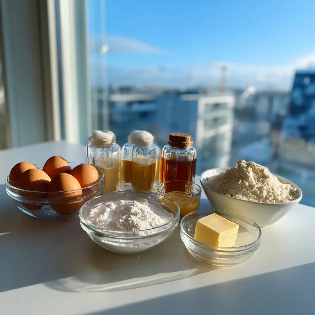 Fluffige Pfannkuchen Rezept Zutaten als übersichtliches Flatlay mit Mehl, Eiern, Milch und Backpulver.