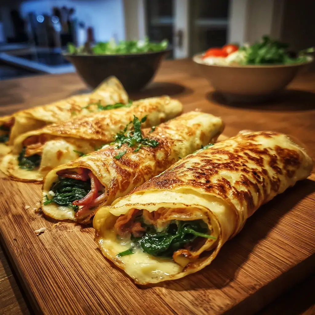 Herzhafte Pfannkuchen aus einem sehr gutes pfannkuchen rezept, gefüllt mit Spinat, Schinken und geschmolzenem Käse, serviert auf dunklen Tellern in einer modernen Küche.