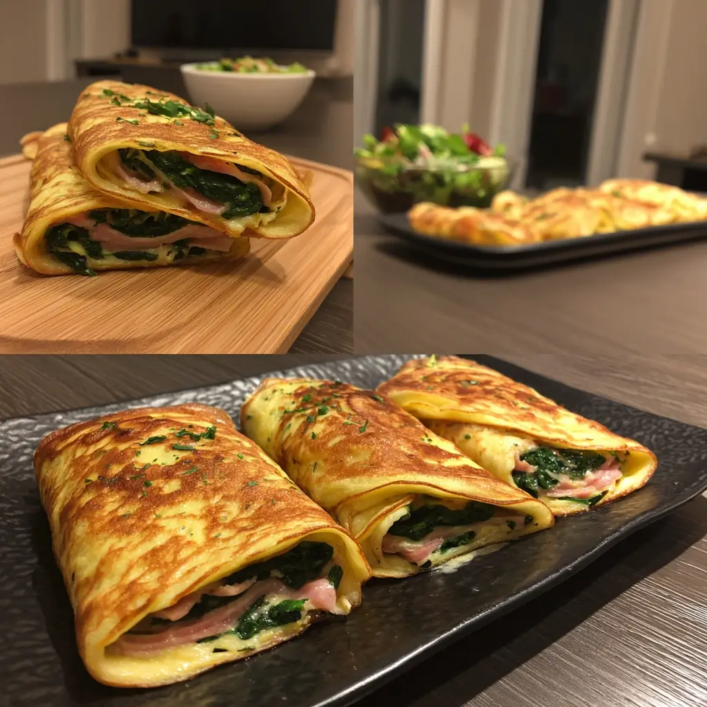 Herzhafte Pfannkuchenrollen aus einem sehr gutes pfannkuchen rezept, gefüllt mit Spinat, Schinken und geschmolzenem Käse, serviert auf einem Holzbrett in einer gemütlichen Küche.