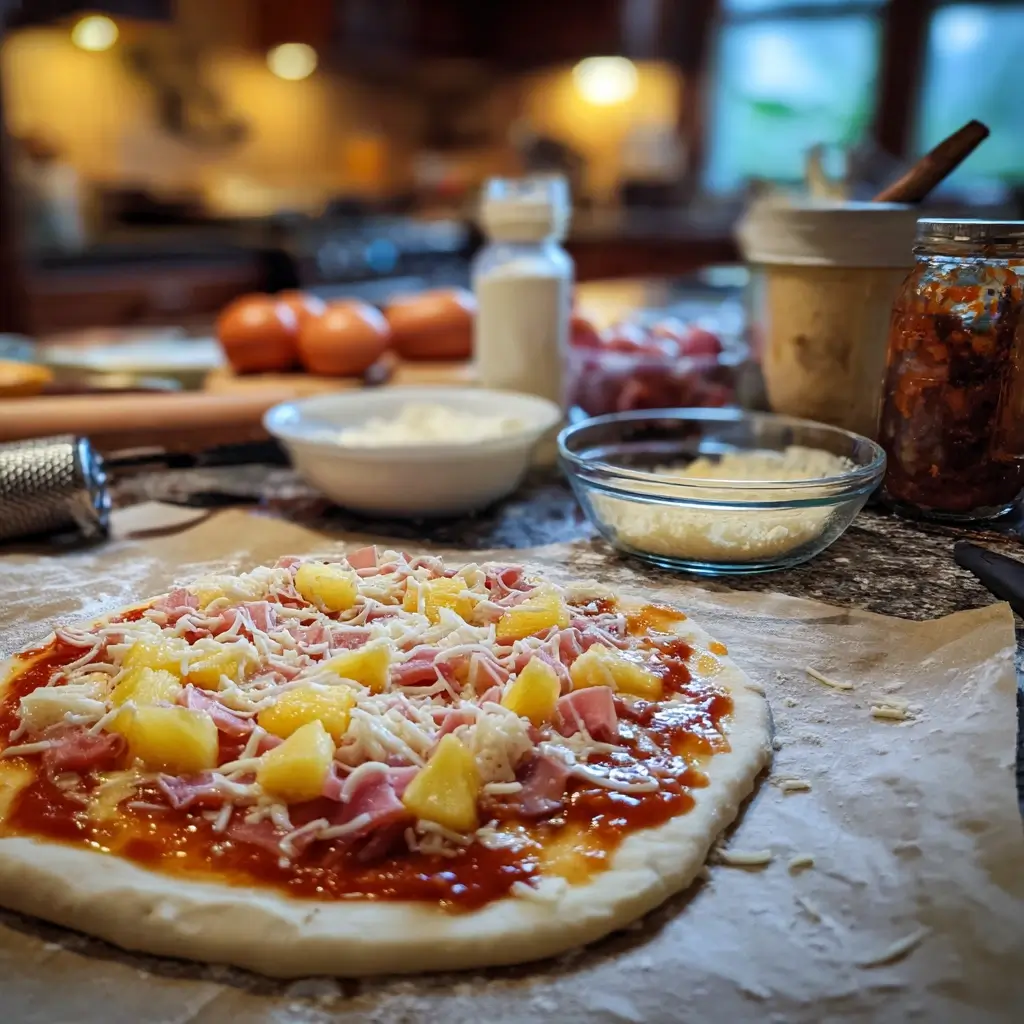Pizza hawaii wird mit Tomatensauce, Schinken, Ananas und Käse belegt, bevor sie in den Ofen kommt.