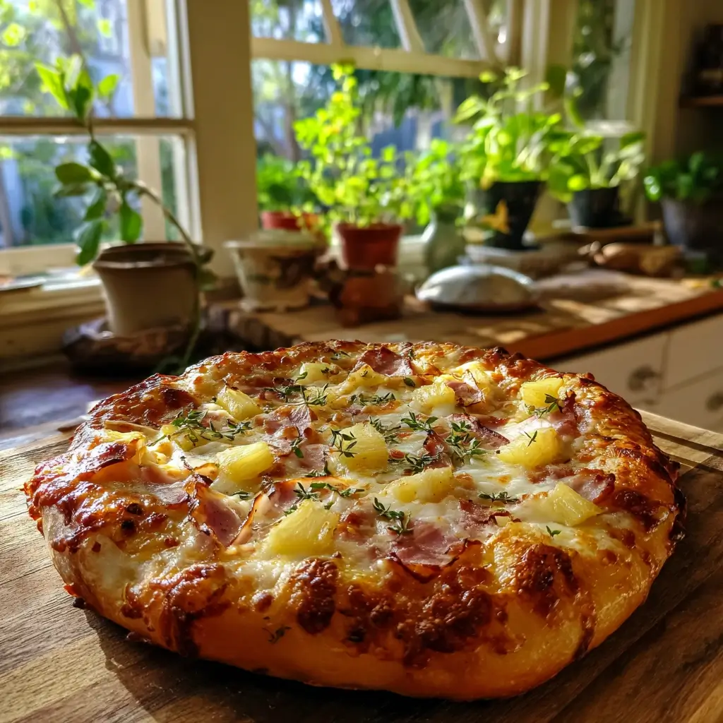 Frisch gebackene pizza hawaii auf Esstisch, sonniges Licht fällt durch das Fenster, gemütliche Familienatmosphäre.