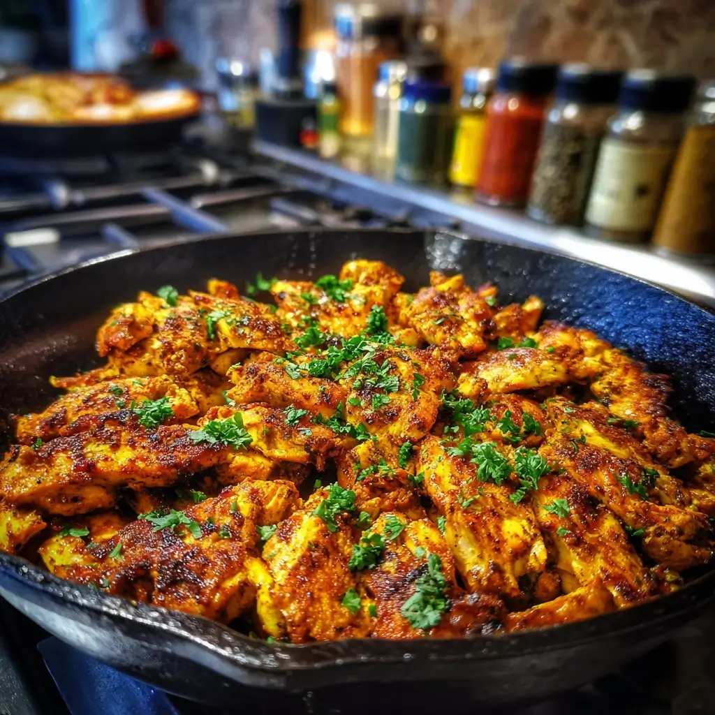 Gegrillte Hähnchen-Dönerstücke für döner pizza in einer Pfanne