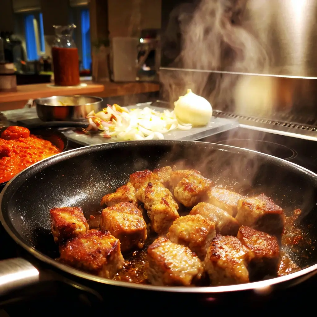Schweine Gulasch Rezept – modernes Flatlay mit zartem Gulasch, frischen Kräutern und Beilagen