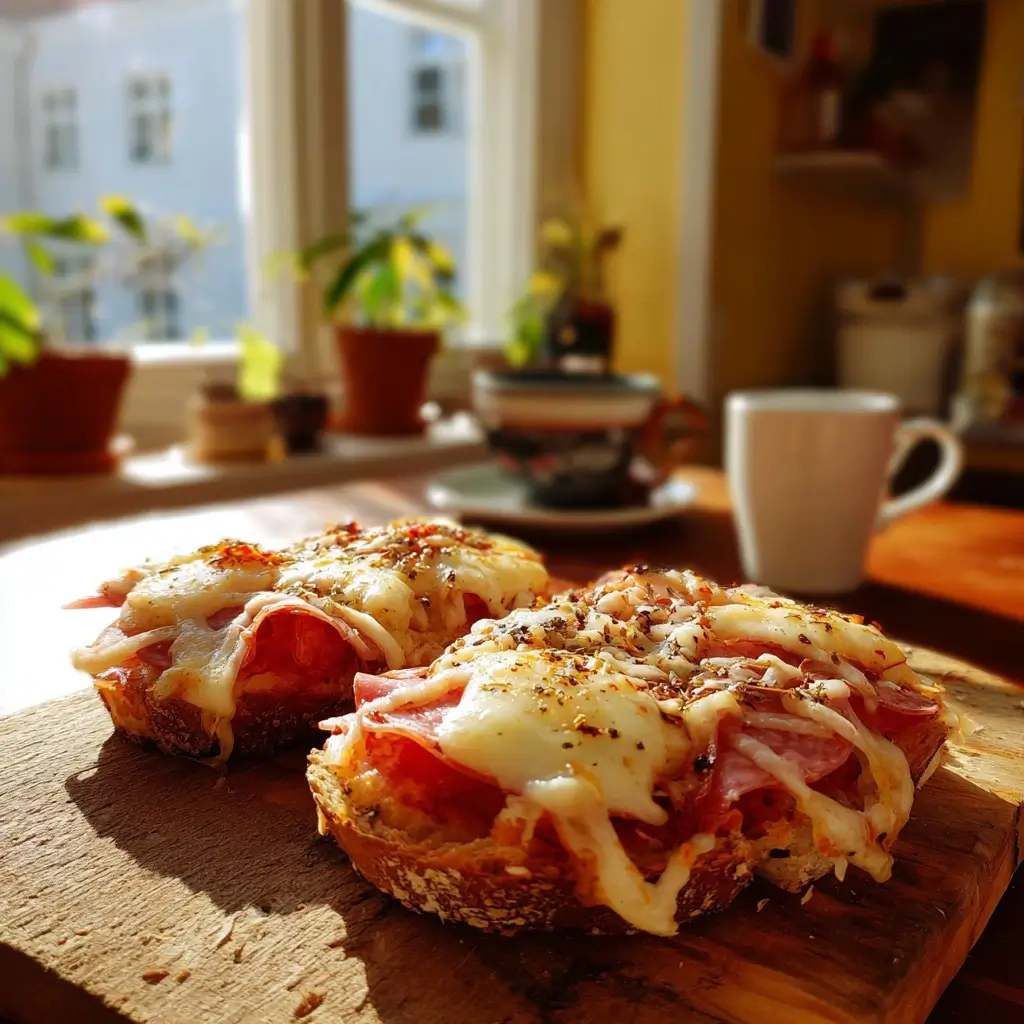 Frisch gebackene Pizza Brötchen auf einem Holzbrett mit geschmolzenem Käse und frischen Kräutern, serviert in einer gemütlichen deutschen Küche.
