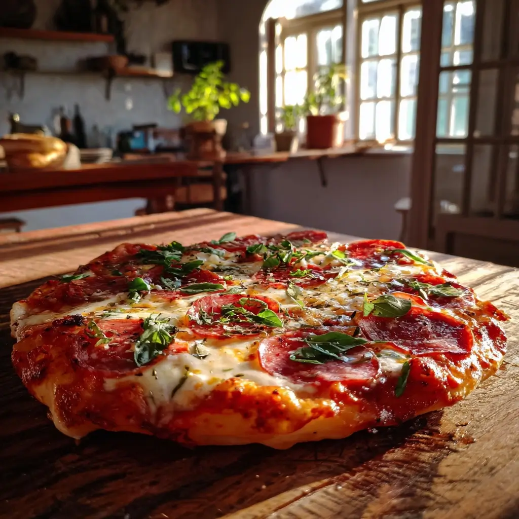 Pizza Milano frisch gebacken auf rustikalem Holztisch mit geschmolzenem Mozzarella und würziger Salami Milano