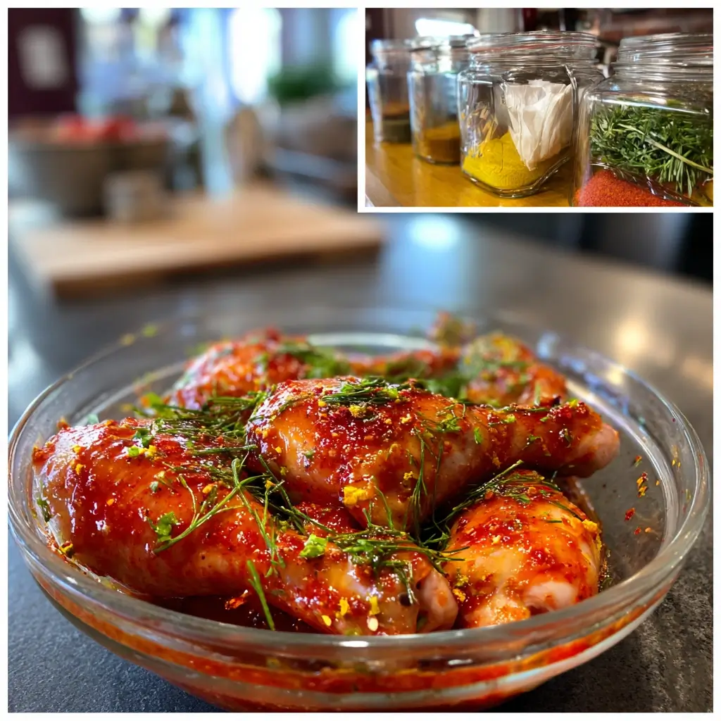 Marinierte Hähnchenschenkel mit Gewürzen in einer Glasschüssel – rezepte airfryer