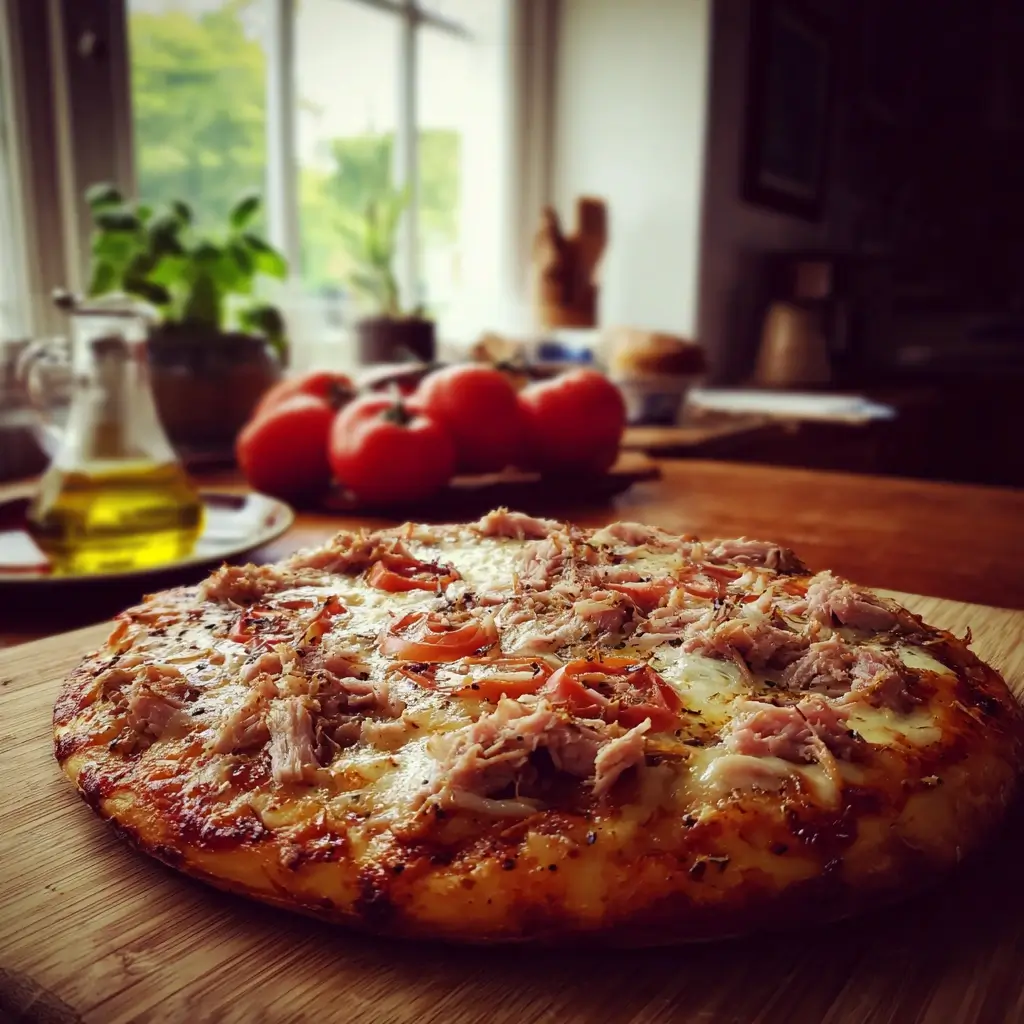 Familie am Esstisch genießt eine selbstgemachte Thunfisch Pizza im sonnigen Esszimmer.