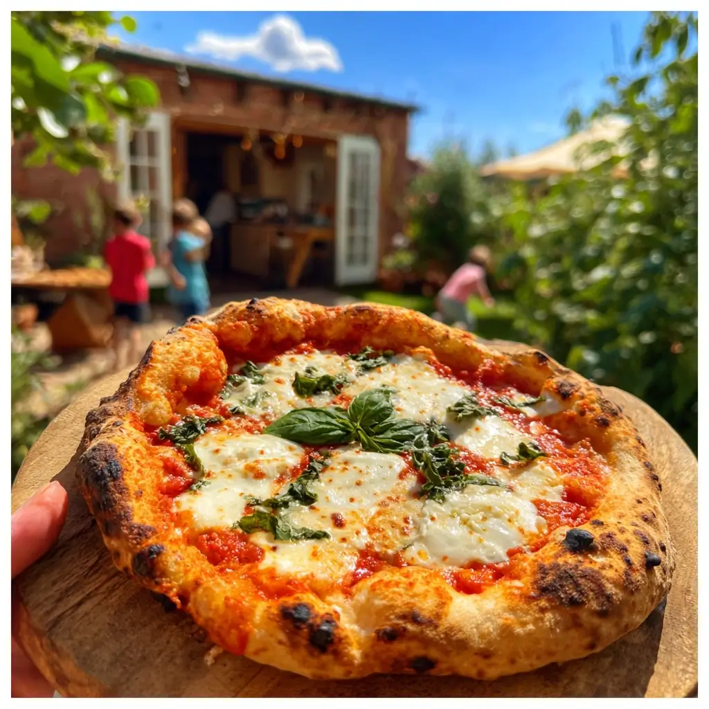 Authentische Pizza Napoli mit luftiger Kruste, frischem Basilikum und Mozzarella di Bufala auf Holzbrett.