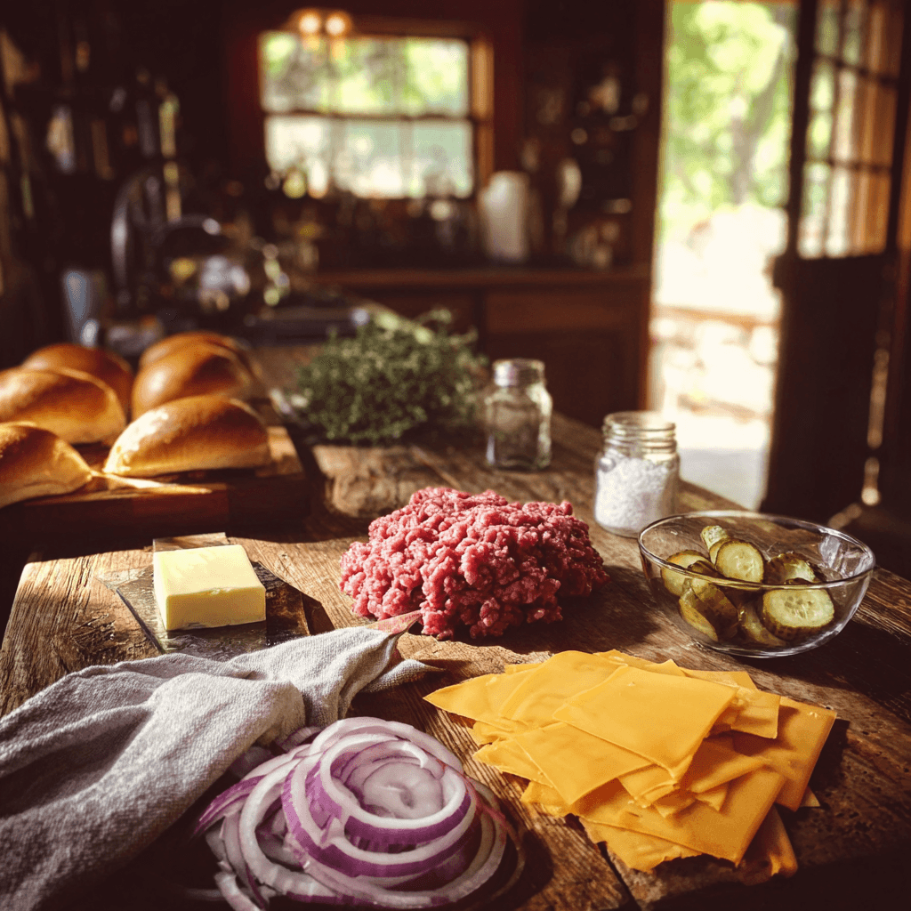 Frische Zutaten für Smash Burger mit Rinderhack, Brioche-Buns, Käse und Zwiebeln.