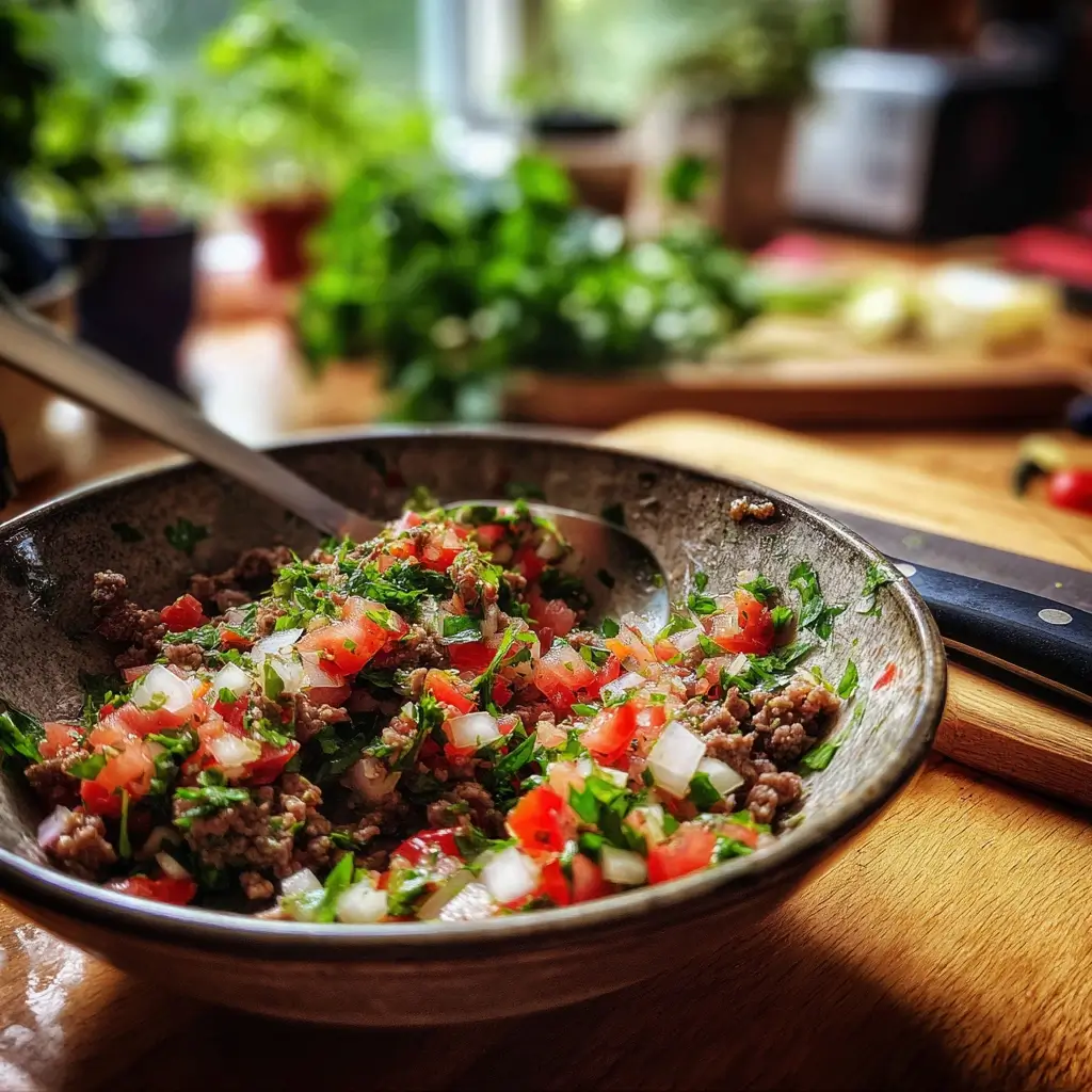 Gewürztes Hackfleisch mit Tomaten, Paprika, Zwiebeln und Petersilie für türkische pizza wird in einer Schüssel gemischt.