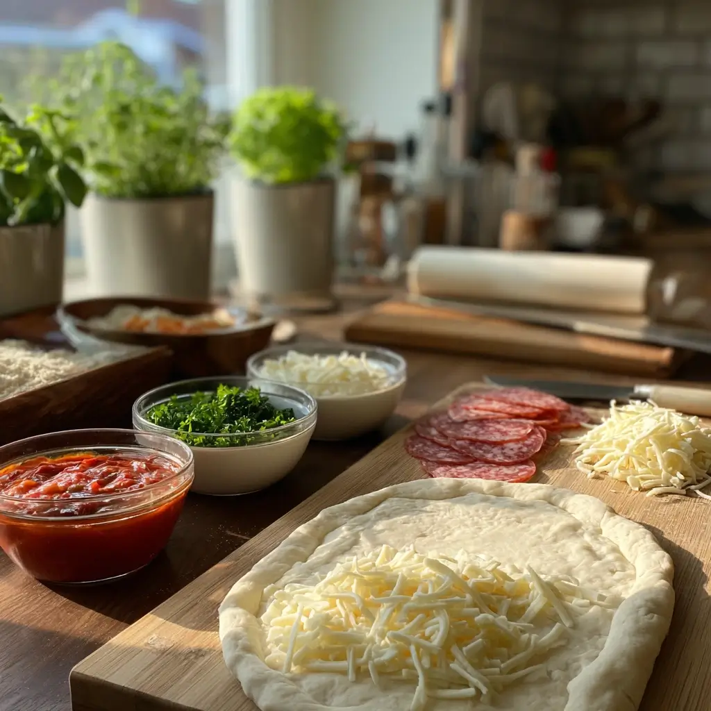 Zutaten für pizza schnecken auf einem Holzbrett mit Käse, Tomatensoße und Gemüse.