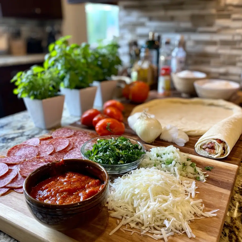 Zutaten für pizza zulu wie Teig, Tomatensauce, Käse, Paprika, Zwiebeln, Mais und Gewürze auf Holztisch arrangiert.