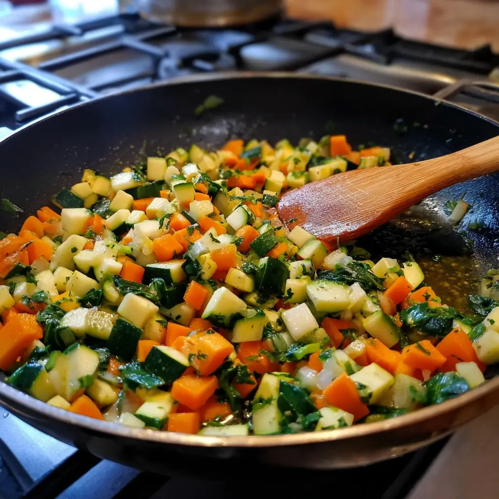 Gedünstetes Gemüse wie Zucchini, Karotten und Spinat in einer Pfanne als Zubereitungsschritt für ein vegetarische lasagne rezept.