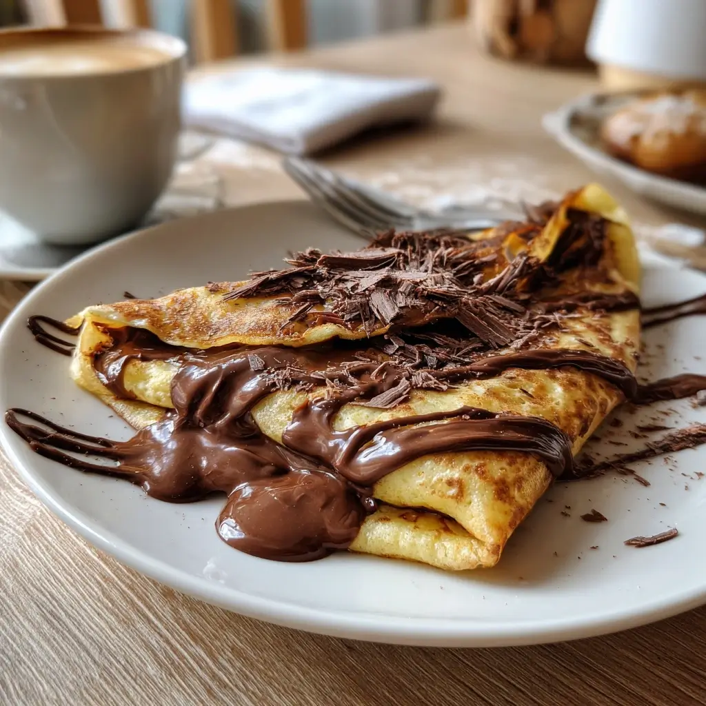 Süße Pfannkuchen Rezept gefüllt mit Nutella und Schokostreuseln, serviert auf hellem Holztisch.