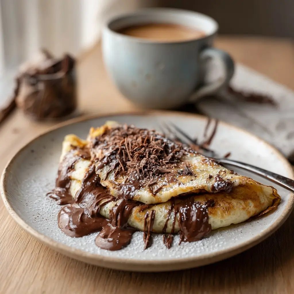 Süße Pfannkuchen Rezept mit geschmolzener Schokolade und Schokoraspeln auf einem Teller, serviert mit einer Tasse Kaffee.