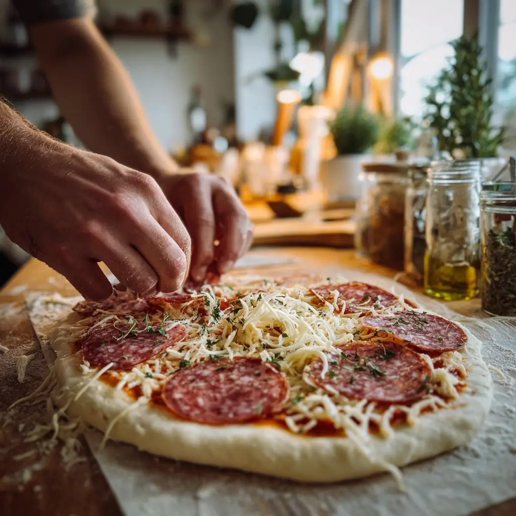 Hände belegen pizza milano mit Mozzarella, Tomatensauce und Salami Milano