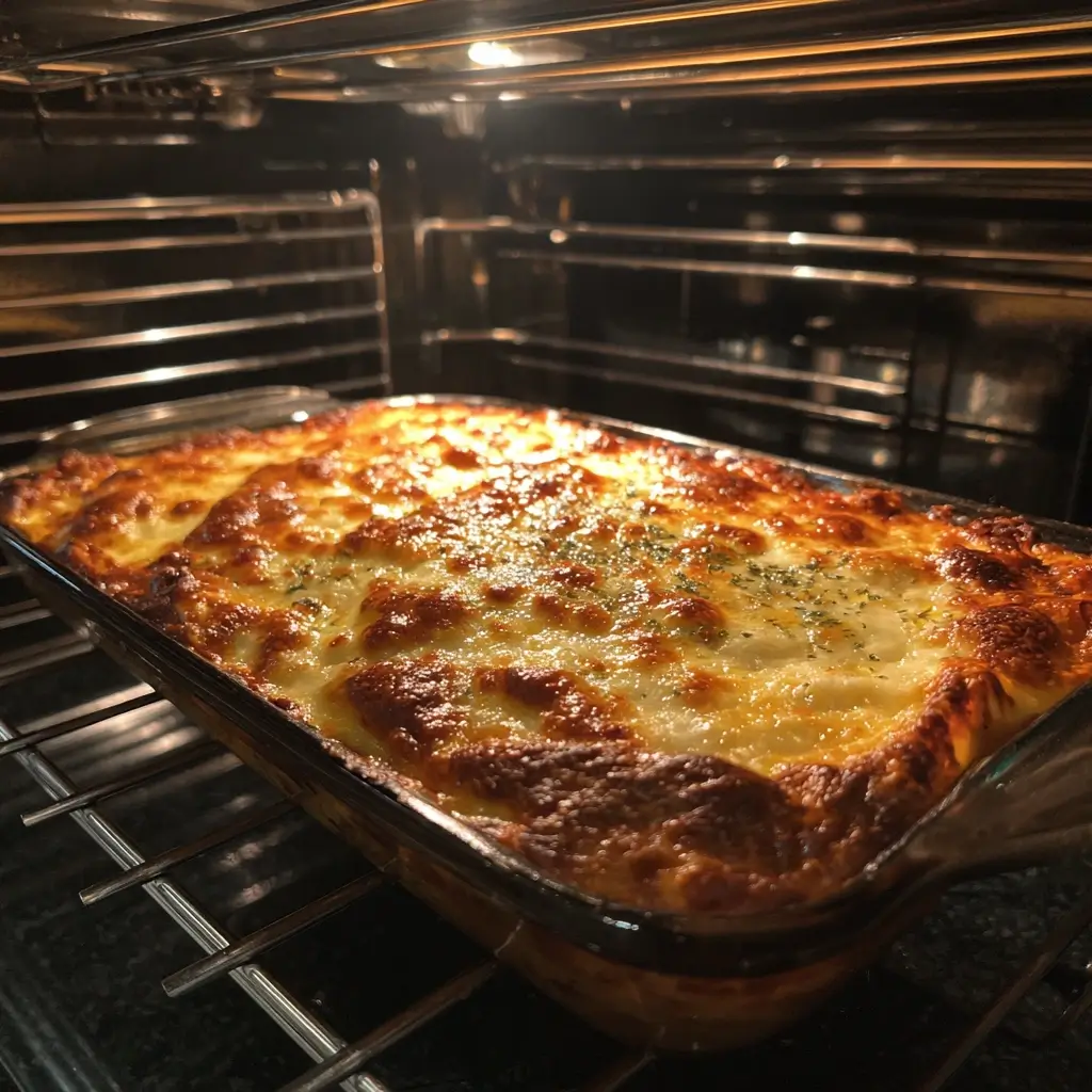 Lasagne vegetarisch rezept im Ofen mit goldbraunem Käse beim Backen