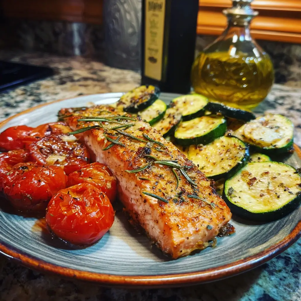 Rezepte für Airfryer mediterranes Lachsfilet mit Rosmarin, Knoblauch und gegrilltem Gemüse auf rustikalem Teller.