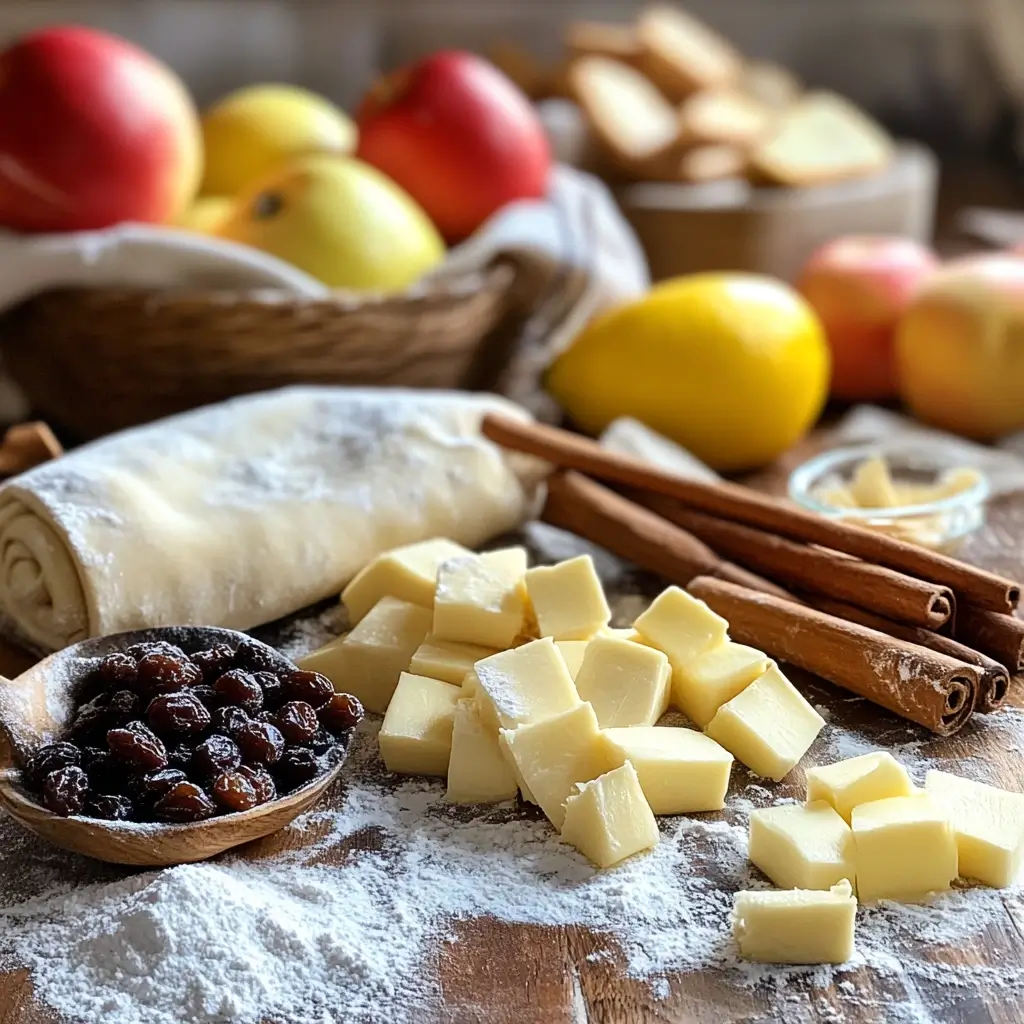 Zutaten für klassische Apfelstrudel Rezepte auf einem Holztisch