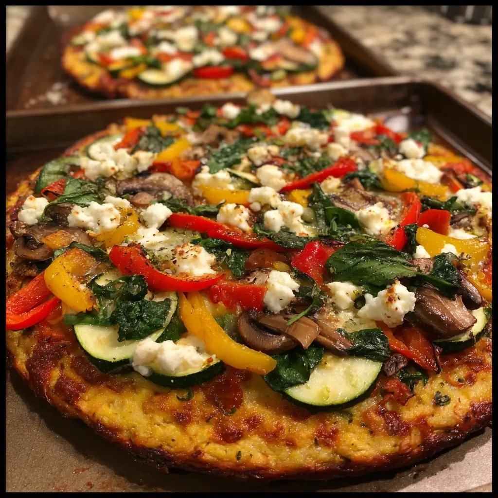 Vegetarische Low Carb Pizza mit Zucchini, Paprika, Pilzen und Feta auf Backblech