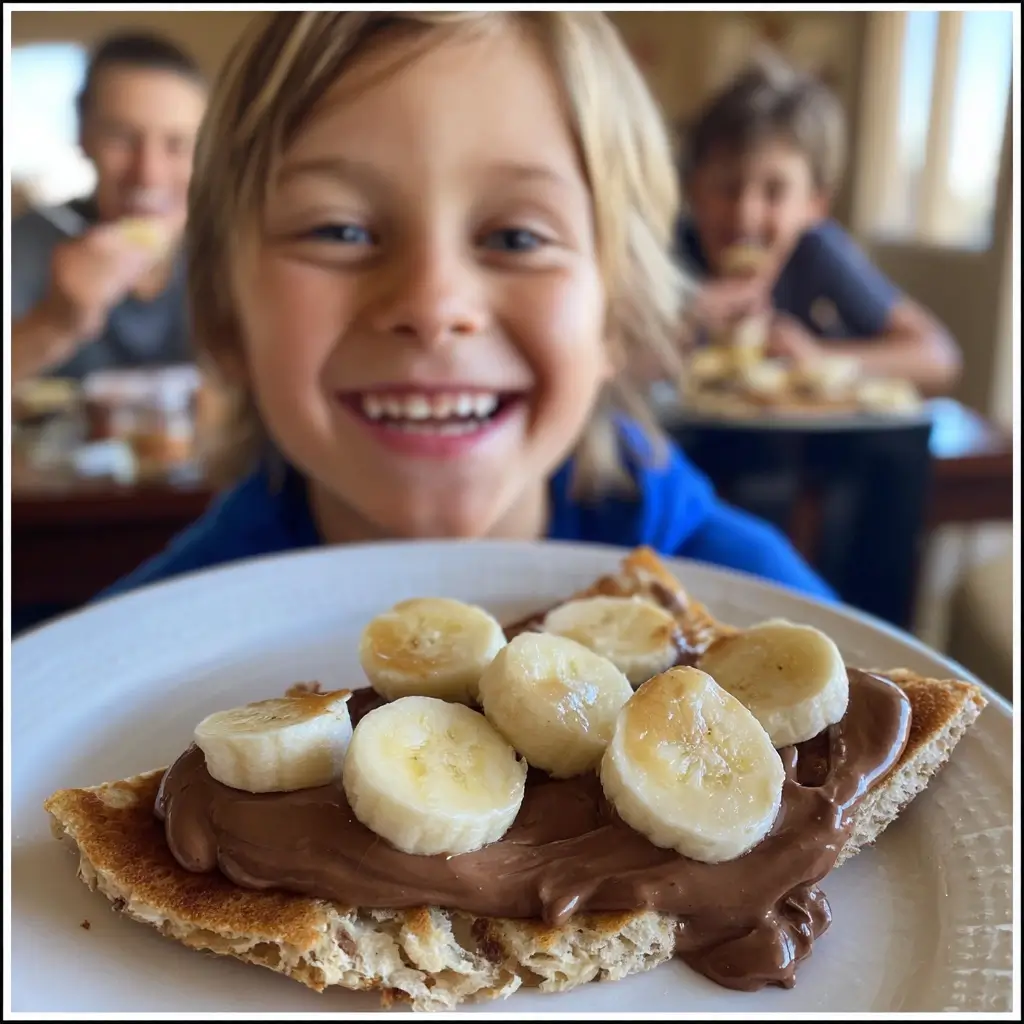 Kind hält einen Pfannkuchen aus einem sehr gutes pfannkuchen rezept mit Nutella und Bananenstücken in der Hand, während im Hintergrund weitere Kinder frühstücken.