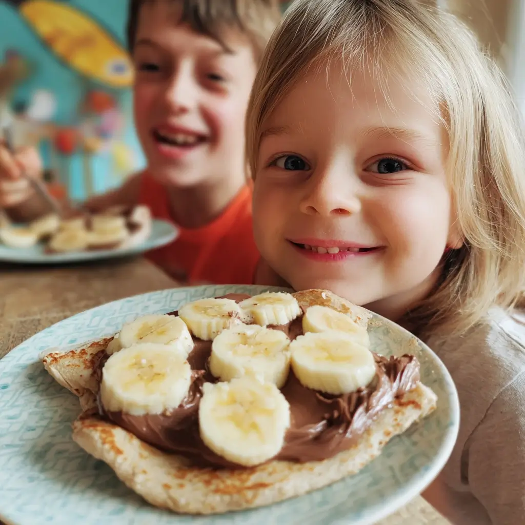 Kinderfreundliches pfannkuchen vegan rezept – kleine Pfannkuchen mit Obstgesichtern auf buntem Teller.
