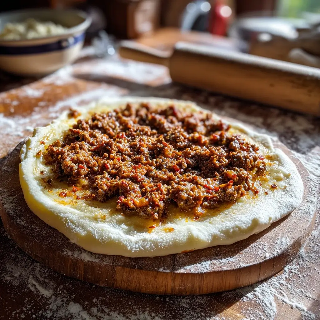 Dünner Teig wird mit Hackfleischmischung für türkische pizza bestrichen auf einem Holzbrett in heller Küche.