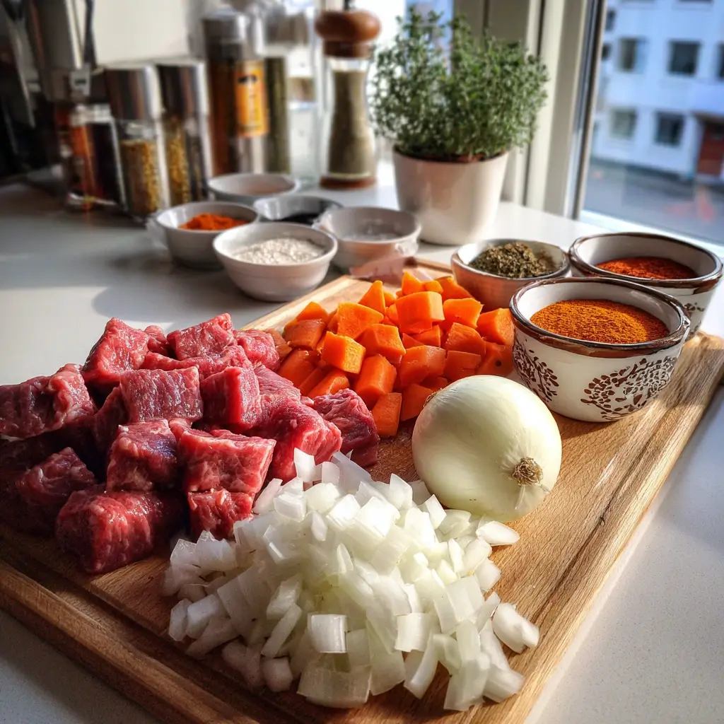 Frische Zutaten für Rezept Gulasch auf einem Schneidebrett: Rindfleisch, Paprika, Zwiebeln und Karotten