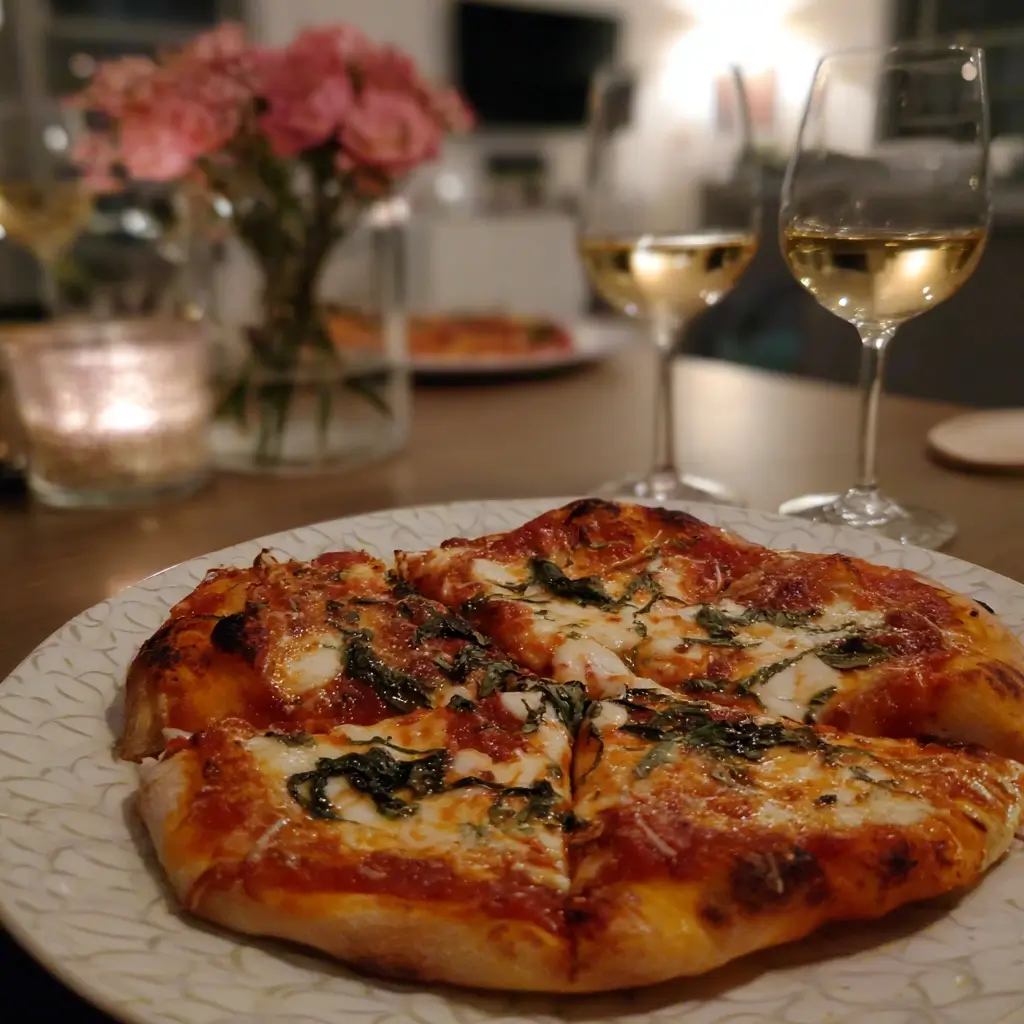 Frisch gebackene Pizza Margherita auf Teller mit zwei Gläsern Weißwein, serviert nach klassischem pizza rezept in gemütlicher Atmosphäre.
