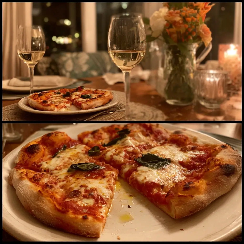 Frisch gebackene Margherita auf Holzbrett mit Basilikum und Mozzarella, perfektes pizza rezept für zuhause.