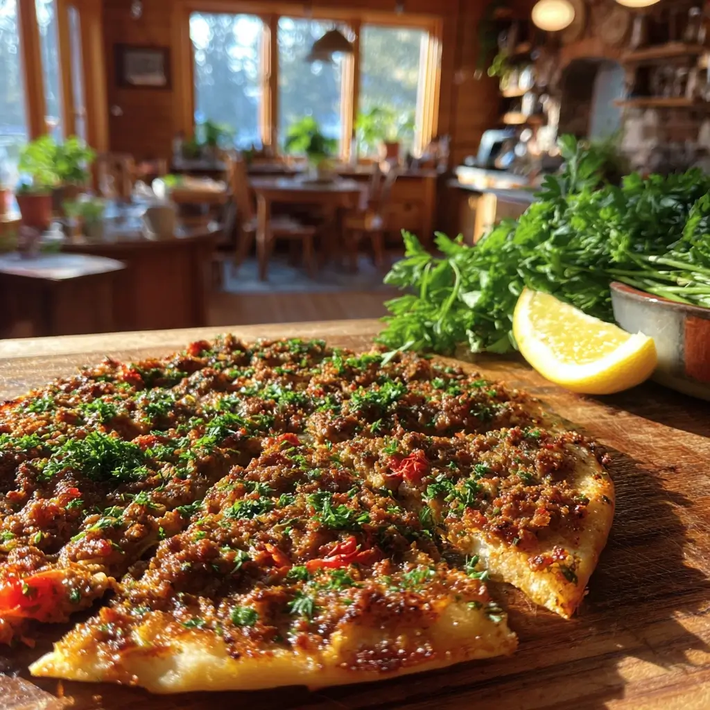 Türkische pizza frisch gebacken auf rustikalem Holztisch mit Zitronenspalten und Petersilie.