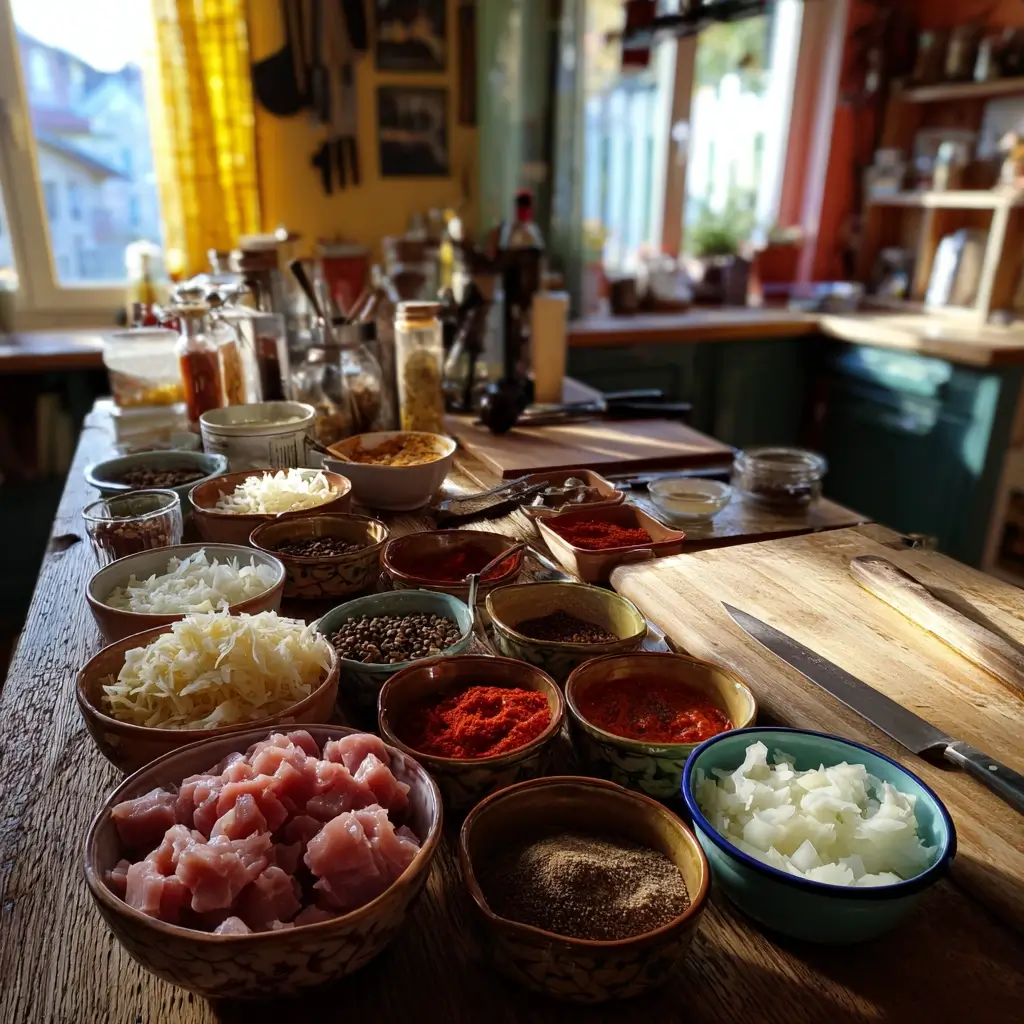 Frische Zutaten für Szegediner Gulasch Rezept Original auf einem Holztisch – Schweinefleisch, Zwiebeln, Sauerkraut, Paprika, Tomatenmark und Gewürze in kleinen Schalen.