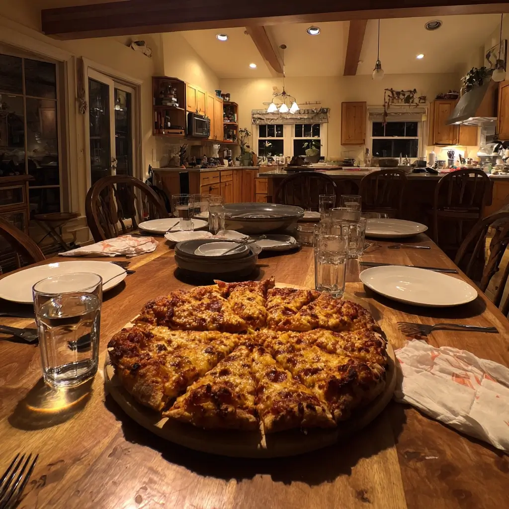 Low Carb Pizza auf Esstisch serviert, umgeben von Tellern und Gläsern, gemütliche Atmosphäre