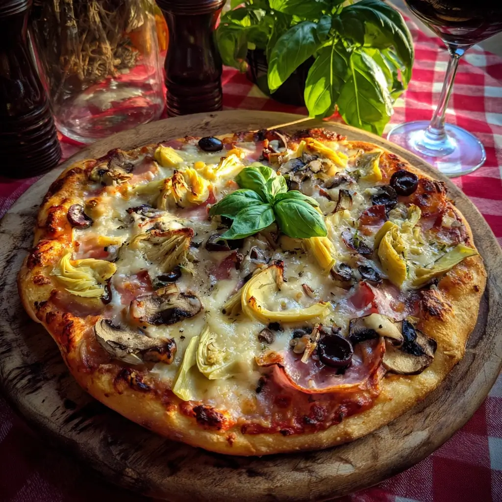 pizza capricciosa rezept frisch gebackene Pizza Capricciosa auf weißem Teller, gehalten von einer Frau