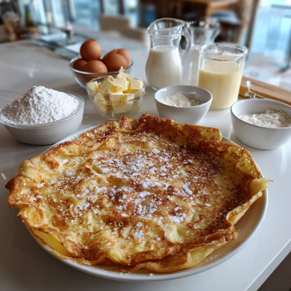 Frische Zutaten für rezept pfannkuchen: Mehl, Eier, Milch und Zucker