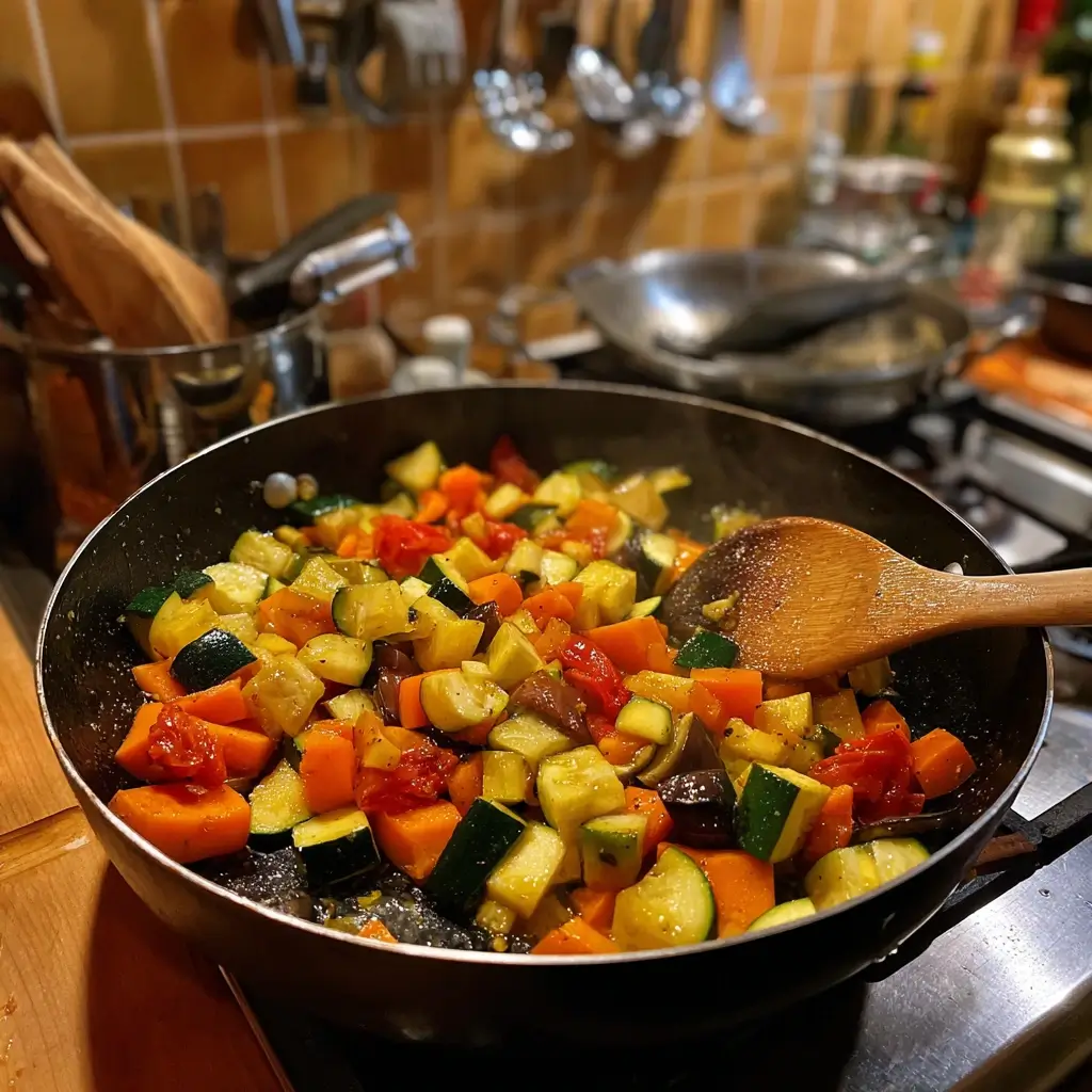 Gemüse in der Pfanne angebraten für ein aromatisches lasagne vegetarisch rezept