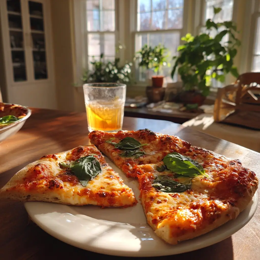 Frisch gebackene New York Pizza mit Basilikum auf weißem Teller im Sonnenlicht serviert.