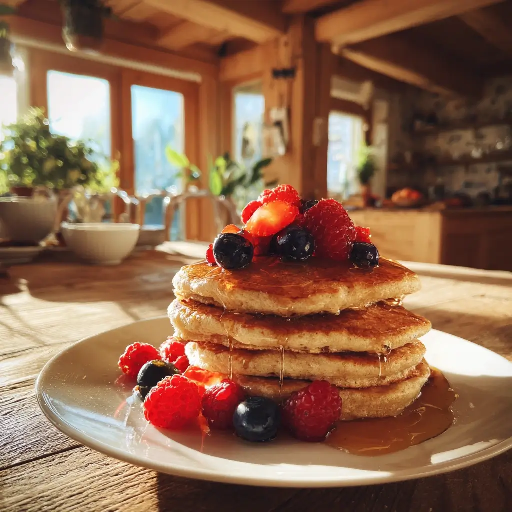 Fluffige goldene Pancakes mit Beeren und Sirup – pfannkuchen vegan rezept auf rustikalem Holztisch.