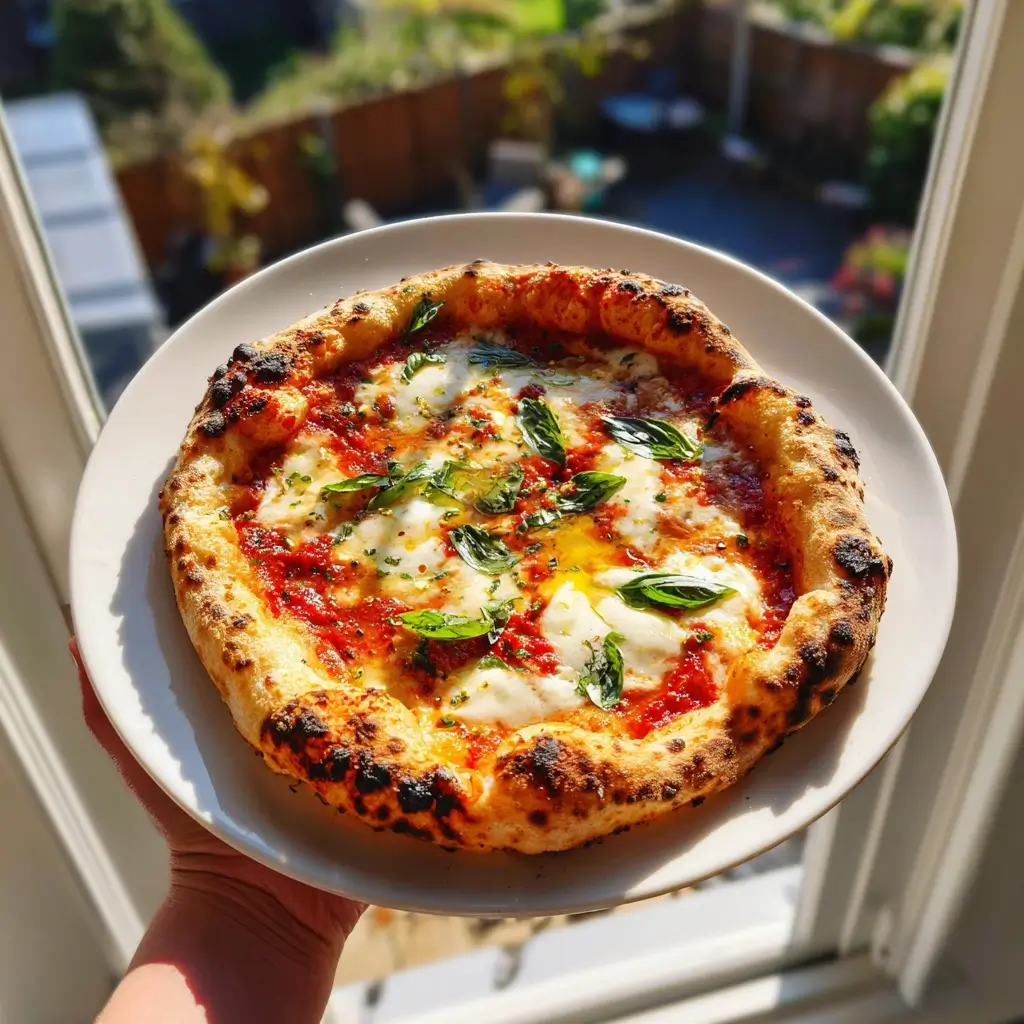 Hochwertige Pizza Napoli mit goldbrauner Kruste, Mozzarella und Basilikum auf elegantem Teller.