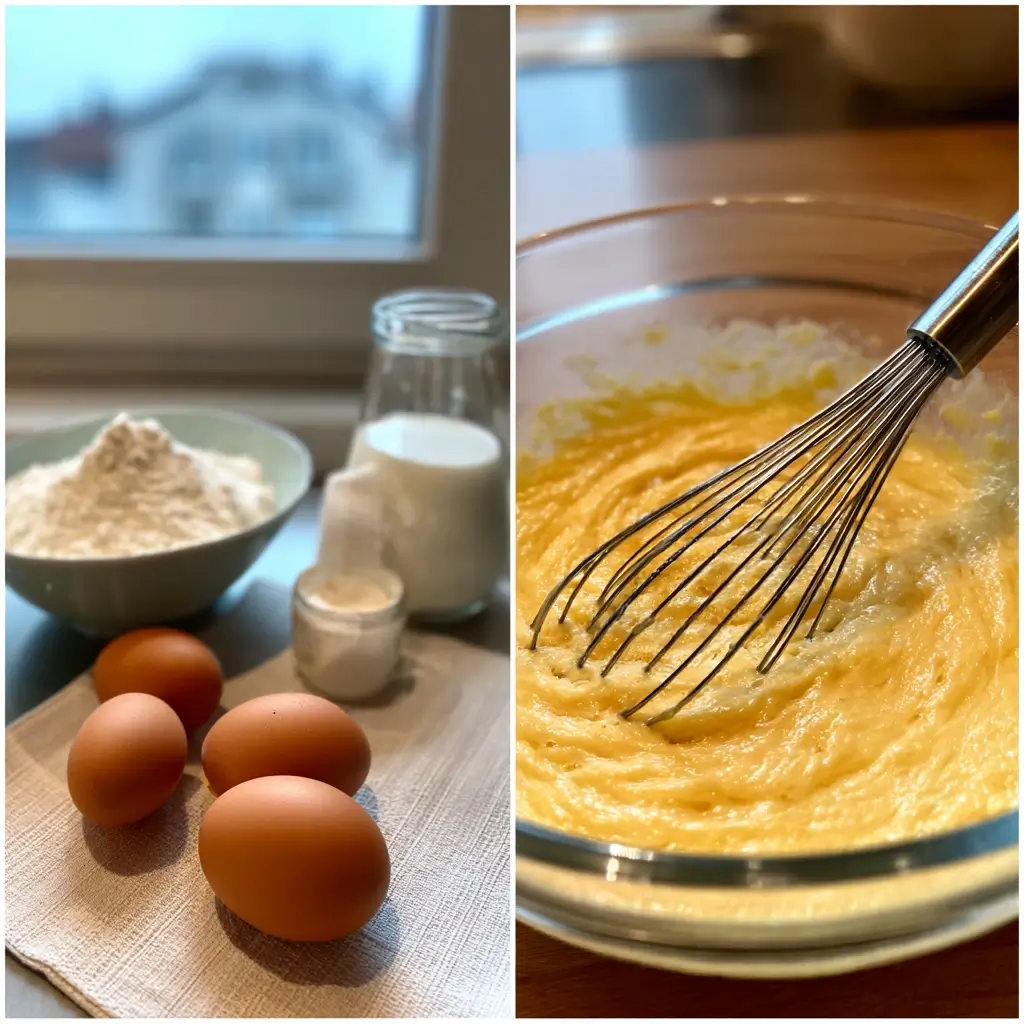 Frau rührt Teig für pfannkuchen vegan rezept mit Schneebesen in einer Glasschüssel in heller Küche.