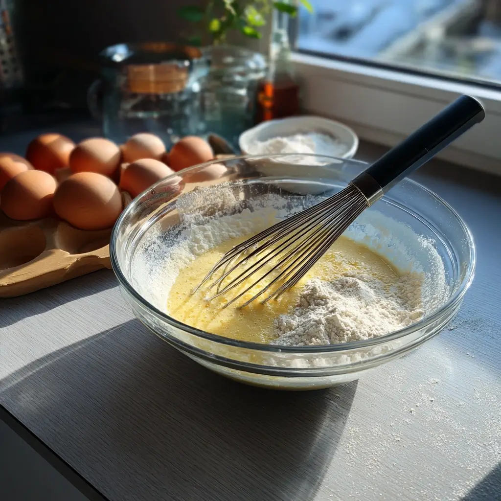 Pfannkuchenteig für süße Pfannkuchen Rezept in einer Glasschüssel mit Schneebesen angerührt.