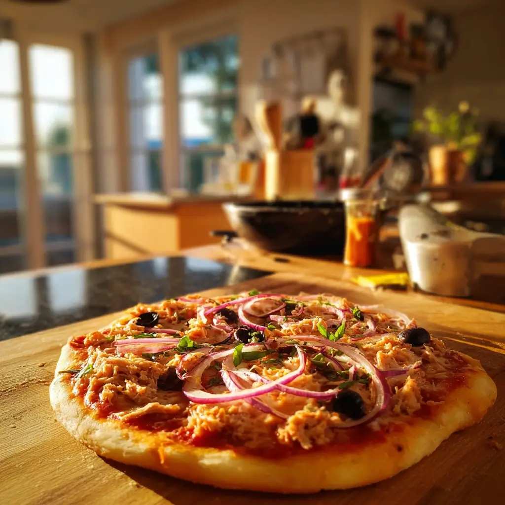 Frisch gebackene thunfisch pizza mit goldbraunem Käse und Basilikum auf Holztisch